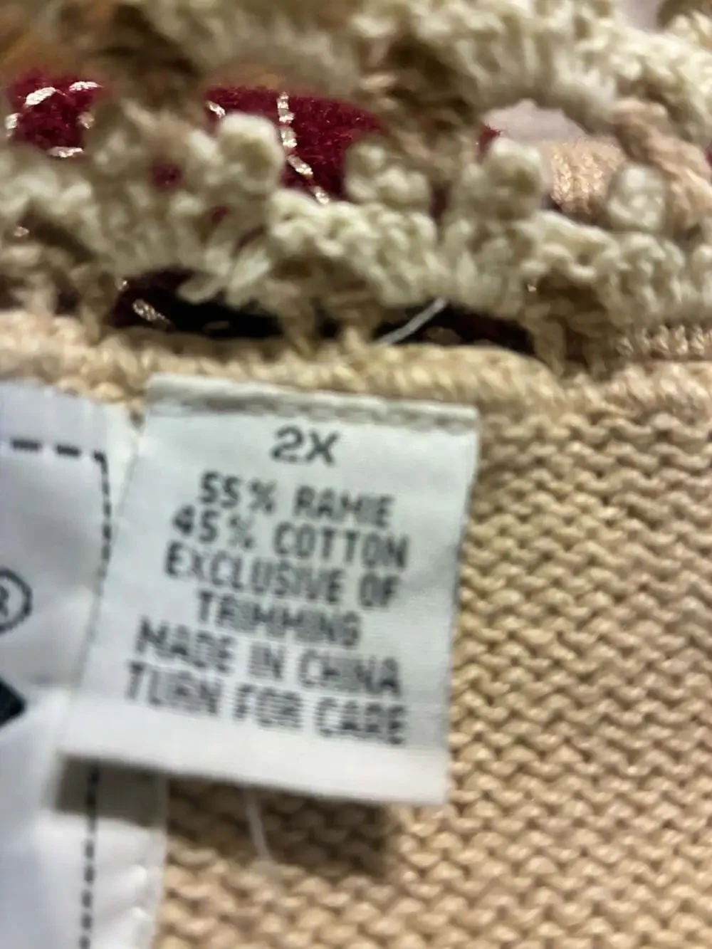 Storybook Knits Beige Cardigan with Maroon Floral Applique and Crochet Trim - Picture 4 of 4